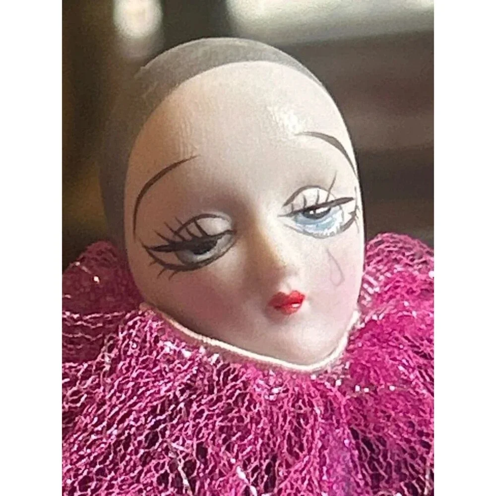 Vintage Purple Porcelain Face Pierrot Doll 7.5 Inch Sad Teardrop Clown Harlequin